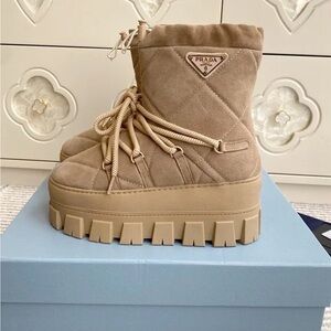 Prada Women's Tan Quilted Platform Boots